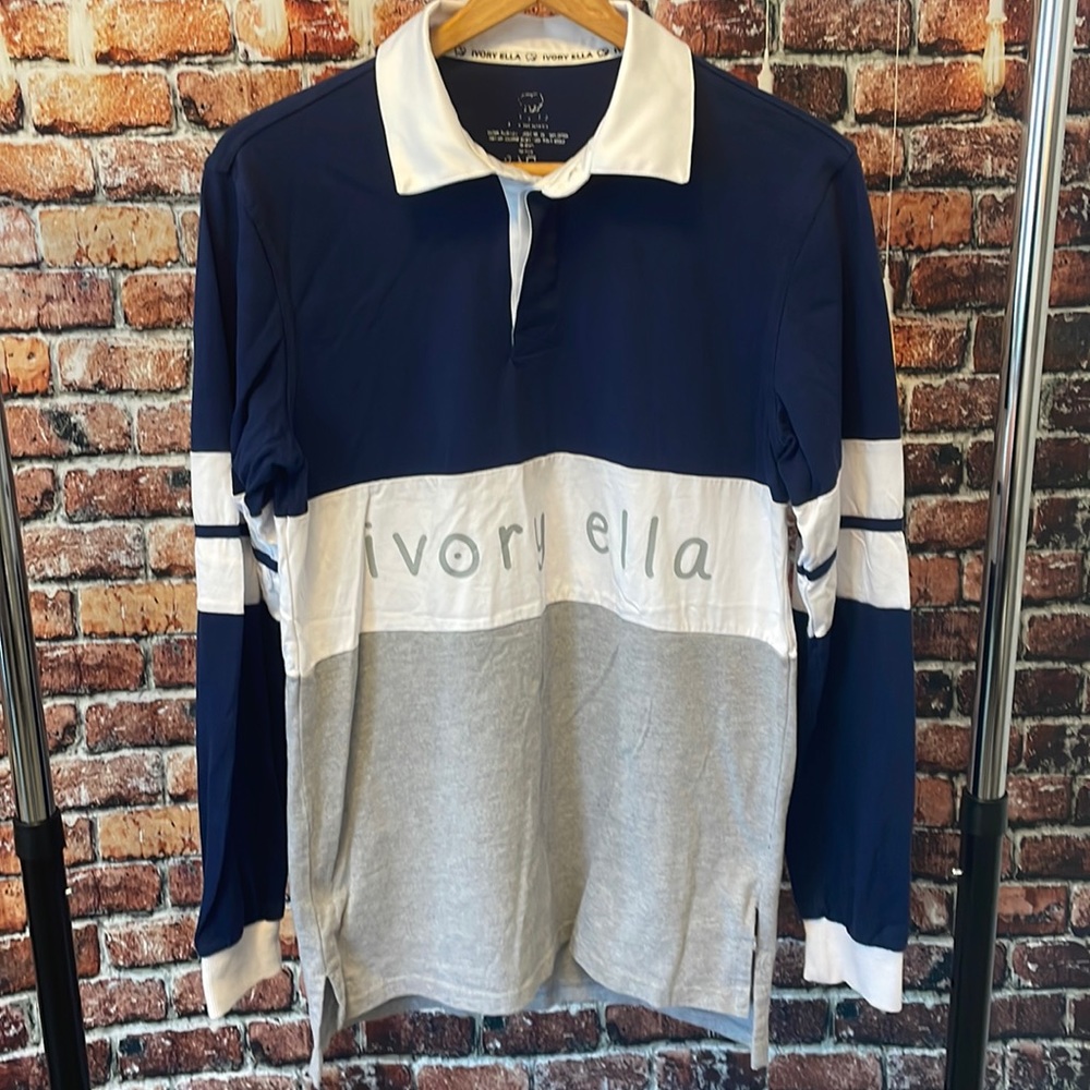 Ivory Ella Long Sleeve polo rugby shirt elephant men’s large blue white